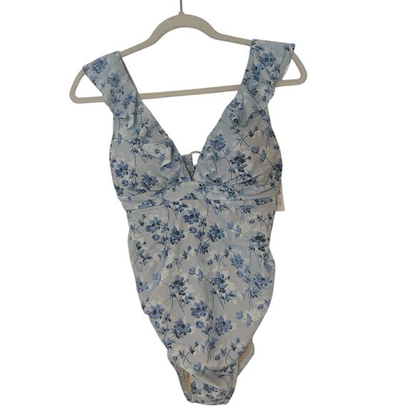 NWT A Pea in the Pod Ruffled Maternity Floral Swimsuit Light Blue Size XS - Picture 1 of 7